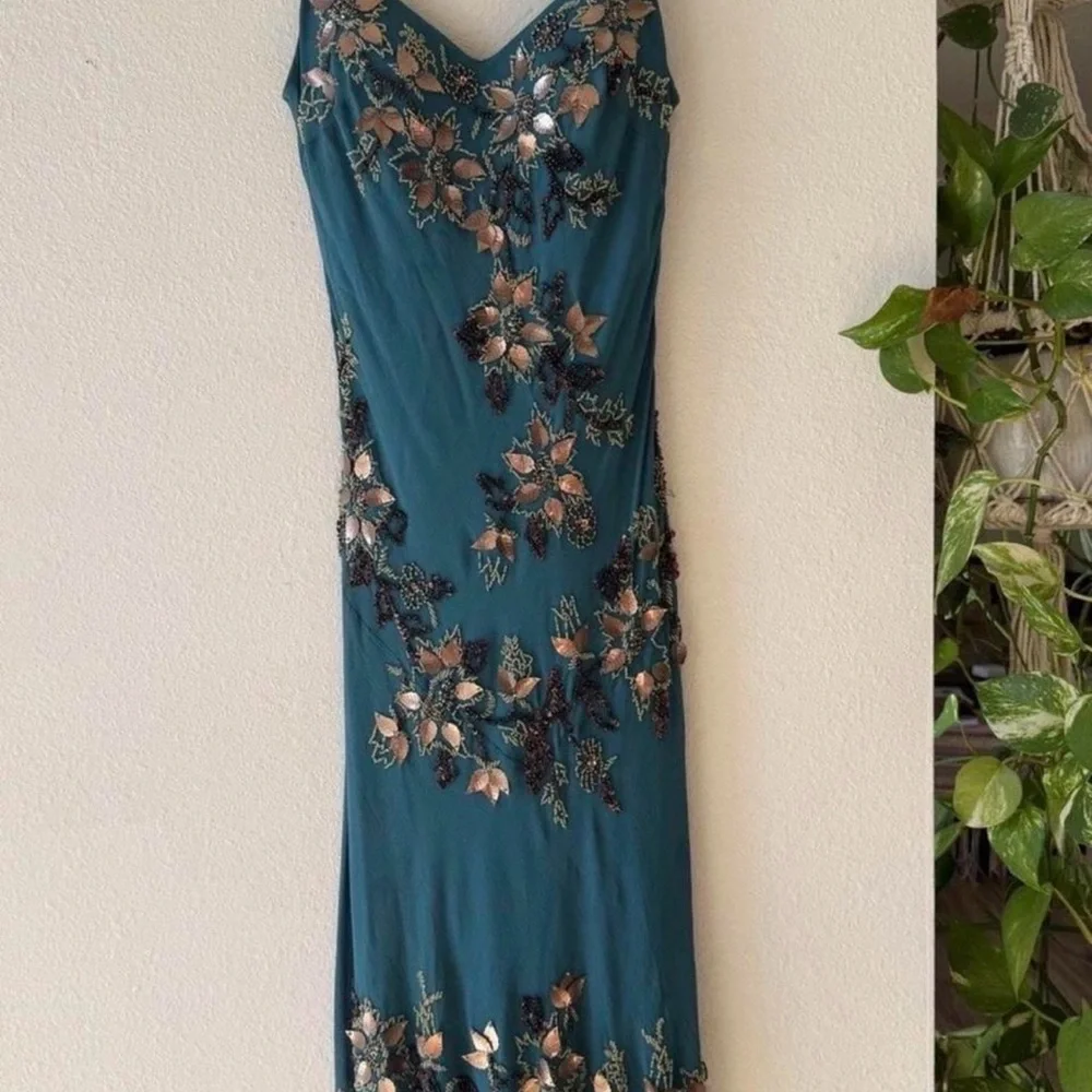 Vintage Sue Wong 100% Silk Teal Floral Beaded Dress - Picture 1 of 8